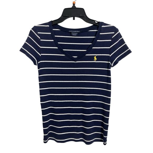Vtg Y2K Ralph Lauren Sport Blue Striped V-Neck T-Shirt Size MEdium Pony Preppy - Picture 1 of 4